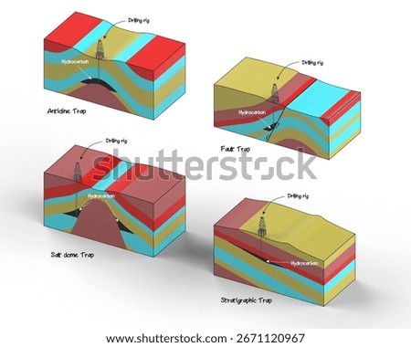 Petroleum trap 3D block view with drilling rig and oil well. There type are structure trap and stratigraphic trap