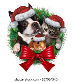 Pets Holiday Wreath As A Dog Cat And Hamster With Christmas Hats As A Symbol Of Veterinary Medicine And Pet Store Or Animal Adoption Issues During The Winter Season Celebration On A White Background.