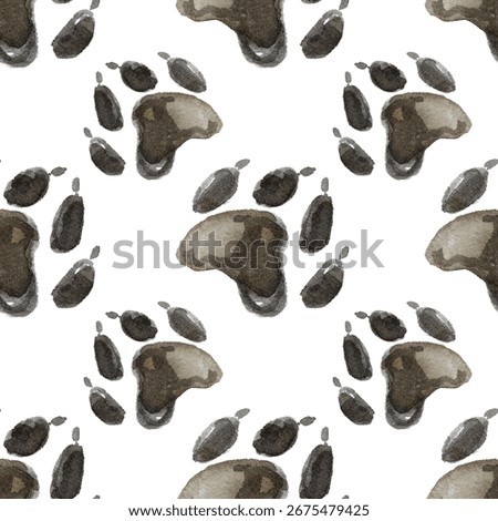 Pets. Simple seamless watercolor pattern with dog paw prints in brown color. Hand drawn on white background for packaging design, fabric, rugs and pet products