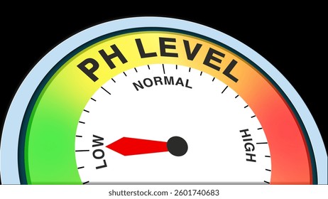 "pH Level Low" represented by a barometer level, symbolizing an acidic pH value, indicating increased acidity, potential chemical imbalance, and water quality concerns