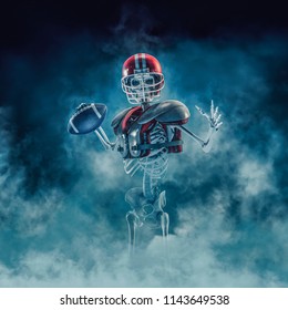 The Phantom Football Quarterback / 3D Illustration Of Scary Skeleton With American Football, Helmet And Shoulder Pads Emerging Through Smoke