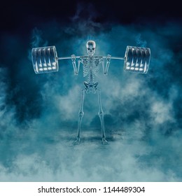 The Phantom Squat / 3D Illustration Of Scary Fitness Skeleton Squatting Heavy Barbell Emerging Through Smoke