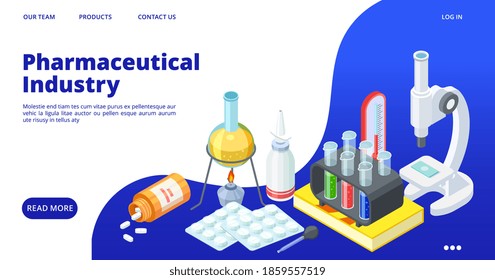 Pharmaceutical Industry Landing Page. Isometric Drugs Development Web Banner. Chemical Equipment, Pills, Vitamins