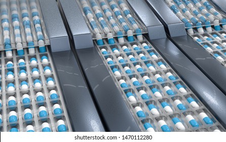 Pharmaceutical Production Of Pills. Drugs Manufacturing. 3D Rendered Illustration.