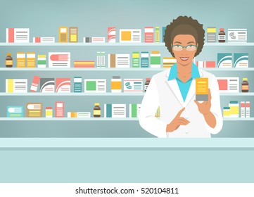 Pharmacist Counter Pharmacy Black Woman Druggist Stock Illustration 