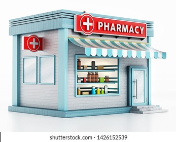 Pharmacy Building Isolated On White Background. 3D Illustration.