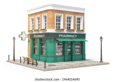 Pharmacy Or Drug Store Building Exterior Isolated On White Background. 3d Illustration