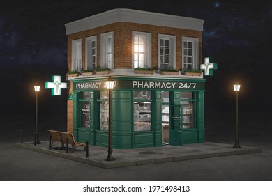 Pharmacy Exterior Open 24 7 Day Of Week At Night. 3d Illustration