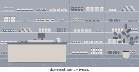 Pharmacy Interior With No People. There Are A Counter For Pharmacist, Shelves With A Wide Range Of Medicines And Other Medical Products In Drugstore.Raster Colourful Illustration