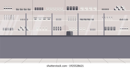 Pharmacy Interior With No People. There Are A Barrier, Shelves With A Wide Range Of Medicines, Cures, Sprays And Other Medical Products In Drugstore.For Advertising Pharmacies.Raster Illustration