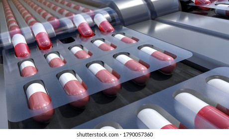 Pharmacy Medicine Capsule Pill In Production Line At Medical Factory.3d Illustration,3d Render.