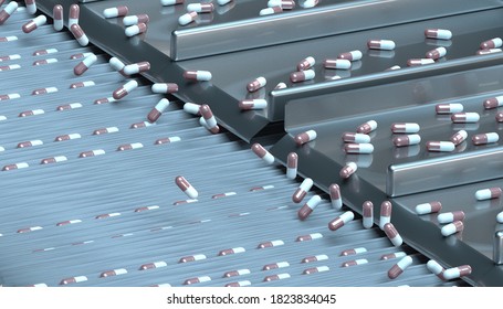 pharmacy medicine capsule pill in production line at medical factory,3d illustration.	
