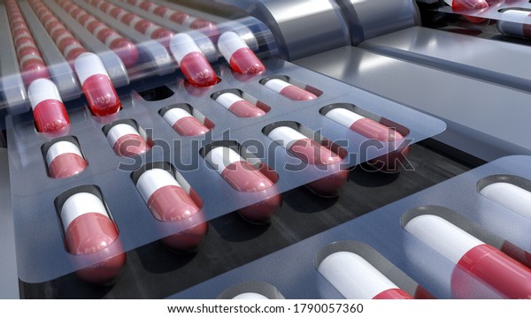 pharmacy medicine capsule pill in\
production line at medical factory.3d illustration,3d\
render.