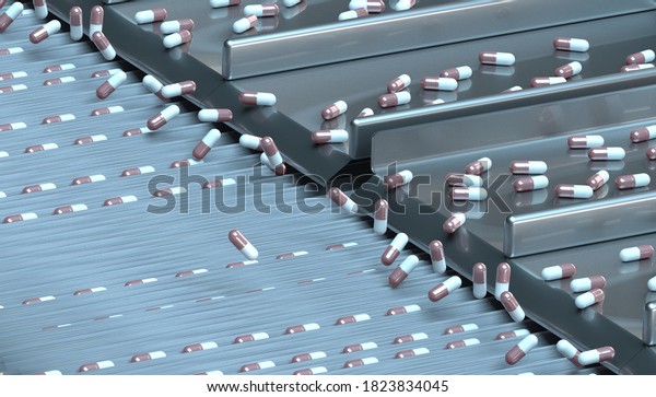pharmacy medicine capsule pill in\
production line at medical factory,3d\
illustration.	\
