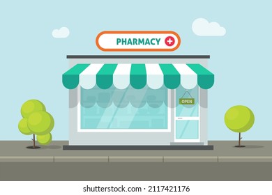 Pharmacy Store Building Or Small Medical Pharmacist Storefront Shop Facade Window On Street Road Flat Cartoon Illustration, Drugstore Front Exterior Shopfront Exterior Image