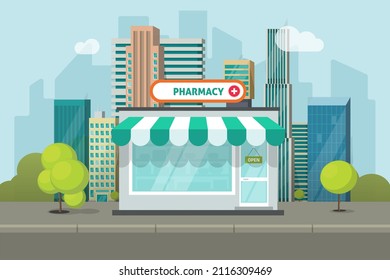 Pharmacy Store Storefront Building Or Medical Pharmacist Shop Facade On City Street Flat Cartoon Illustration, Small Drugstore Front Exterior Shopfront In Town Image