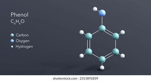 phenol molecule 3d rendering, flat molecular structure with chemical formula and atoms color coding