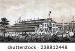 Philadelphia, The International Exposition 1876. Print showing exterior view of the "Shoe & Leather Building" at the Centennial Exhibition in Philadelphia, Pennsylvania