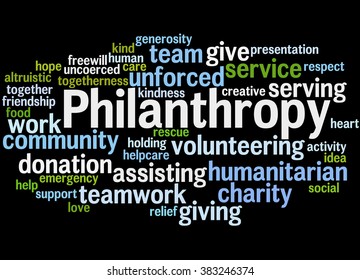 Philanthropy, Word Cloud Concept On Black Background. 