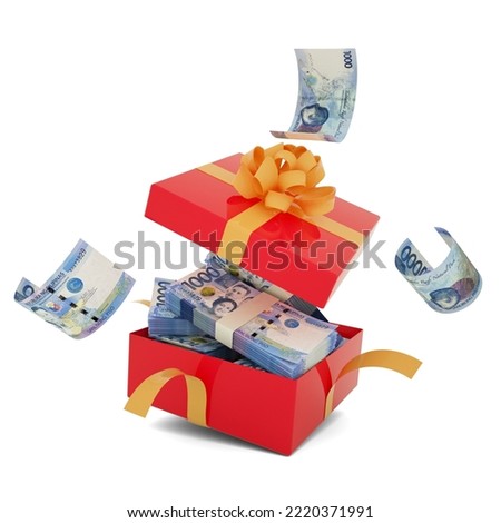 Philippine peso notes inside an open red gift box. Philippine peso inside and flying around a gift box. 3d rendering of money inside box isolated on white background