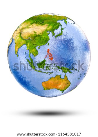 Philippines on globe with shadow isolated on white background. 3D illustration.