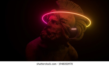 Philopoemen Sculpture illuminated by neon light  Museum art object obtained by 3D scanning  Retro futuristic design  3d illustration