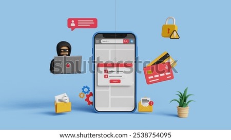 Phishing or hacking attack concept. Fake login screen to hack username, password. Cyber security, steal personal information. 3D smartphone with fake login screen