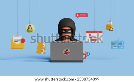 Phishing or hacking attack concept. Fake login screen to hack username, password. Cyber security, steal personal information. 3D cyber attack, hacker stealing personal information using laptop