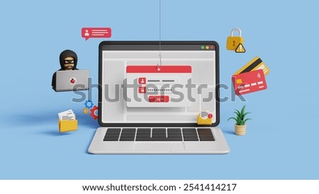 Phishing or hacking attack concept. Fake login screen to hack username, password. Cyber security, steal personal information. 3D laptop with fake login screen