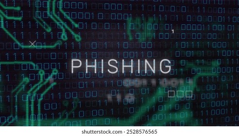 Phishing text image over binary code and green digital patterns. Cybersecurity, hacking, malware, internet safety, computer security, data protection - Powered by Shutterstock