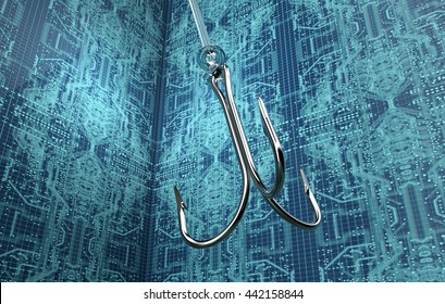 Phising Digital Safety Concept Fishing Hook In Digital Enviroment, 3d Illustration