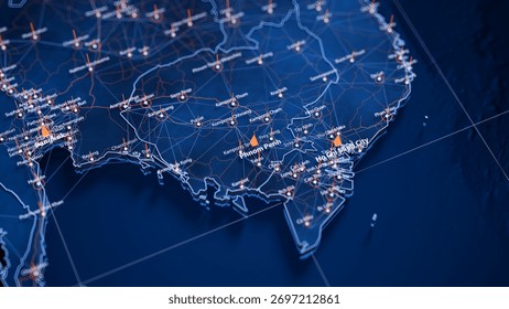 Phnom Penh map big data visualization. Futuristic map infographic of city in Cambodia. Visual map data complexity in modern blue and orange colors. 3D Illustration