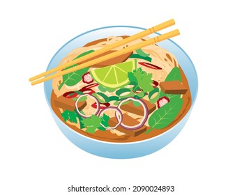 Pho soup and beef   vegetables illustration  Bowl soup and noodles   meat icon  Vietnamese soup icon isolated white background  Delicious asian food design element