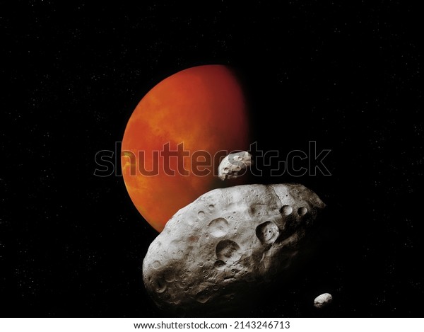 Phobos and Deimos, satellites of the\
red planet. Asteroids that will fall to the surface of Mars in the\
future. Elements of the solar system 3d illustration.\
