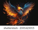 Phoenix bird risen from the ashes, fire bird. Burning bird