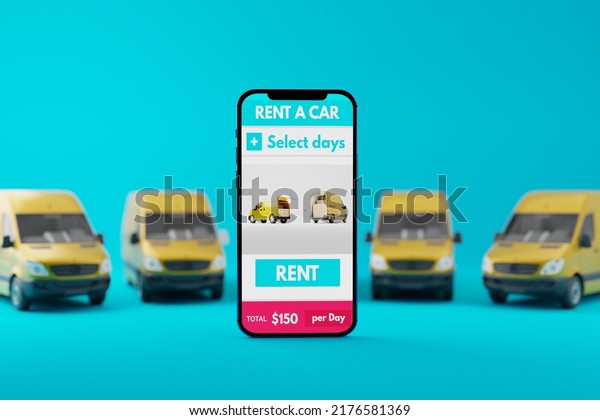 A phone with an\
application for renting a car against the background of vans. Rent\
a car, the concept of ordering a car through the app. 3D rendering,\
3D illustration.