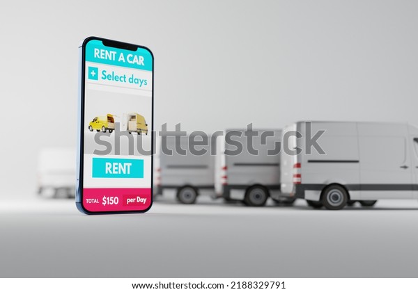 A phone with an\
application for renting a car against the background of vans. Rent\
a car, the concept of ordering a car through the app. 3D rendering,\
3D illustration.