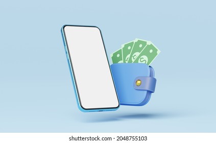 Phone With Cash Money Into Wallet Float On Blue Background. Mobile Banking And Online Payment Service. Saving Money Wealth And Business Financial Concept. Smartphone Money Transfer Online. 3d Render.