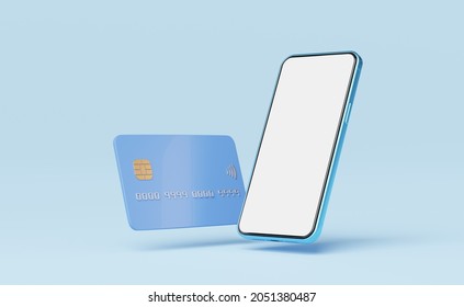 Phone with credit card floating on blue background. Mobile banking and Online payment service. Saving money wealth and business financial concept. Smartphone money transfer online. 3d render.
