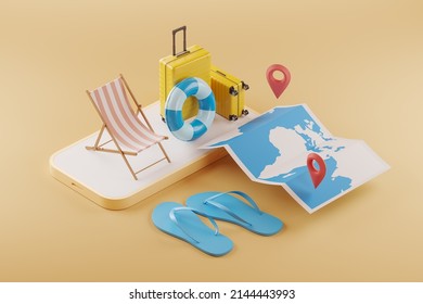 Phone Display And Beach Accessories, Traveling And Relax. Paper Map With Location Pin Mark. Concept Of Booking And Online Ticket. Mockup Copy Space, 3D Rendering