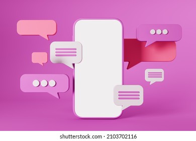 Phone display and bright notifications. Pink speech bubble and screen with mock up copy space. Concept of social media and online communication. 3D rendering