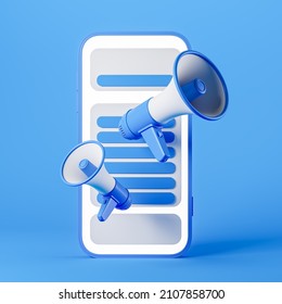 Phone display with text, news, megaphone announcement and event notification. Bullhorn for advertising. Concept of message. 3D rendering - Powered by Shutterstock