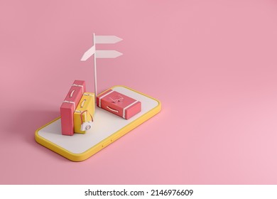 Phone Empty Display, Suitcase And Tourist Accessories. Road Pointer Sign, Travel Destination. Concept Of Vacation. Mobile App, Mockup Copy Space. 3D Rendering