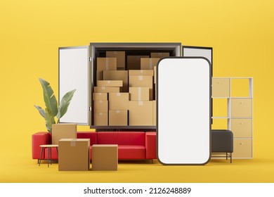 Phone Empty Screen, Truck With Sofa, Armchair And Cardboard Boxes. Mobile App For Delivery Service. Concept Of Moving House. Mock Up Screen Copy Space, 3D Rendering