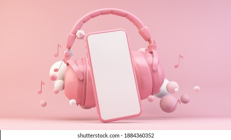 Phone with headphones on pink scene 3d rendering