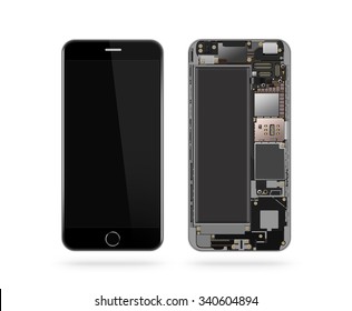 Phone Inside Isolated, Chip, Motherboard, Processor, Cpu And Details. Smartphone Component Repair. Cellphone Chipset Constitution. Telephone Scecification. Broken Device Mending. Computer Disassembled