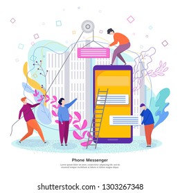 Phone messenger development concept. Process of developing a mobile chat interface. Young men collect chat bubbles mobile application