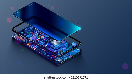 Phone mobile application development concept. Develop Software, hardware of mobile devices. Phone apps engineering. Electronic world inside smartphone. Programming of mobile internet web services. IOT