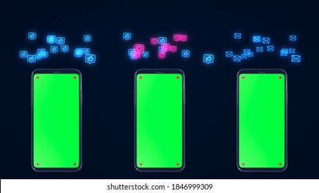 Phone Mobile Telephone With Screen Green Screen Chroma Key On Social Network Like Heart Love Icon Smartphone Technology Cell Phone Touch Message Display 3d Rendering