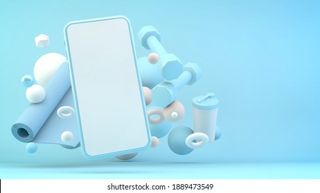 Phone mock up with fitness equipment surrounding 3d rendering